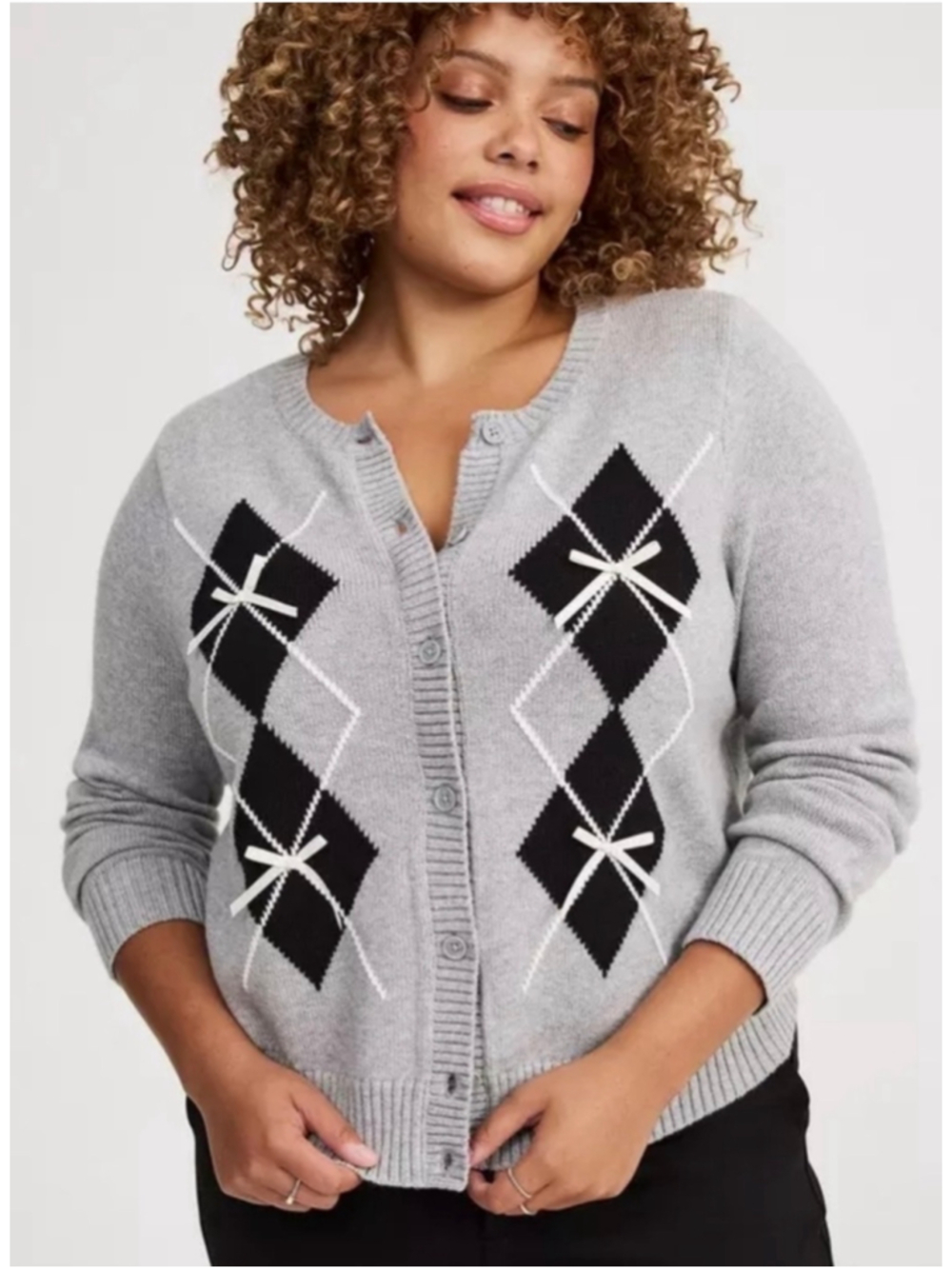 Torrid Size 0 Gray Argyle Bow Cotton Blend Cardigan Preppy Coquette NWT